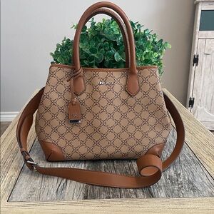 Nine West Brown Monogram Satchel with Tan Trim
